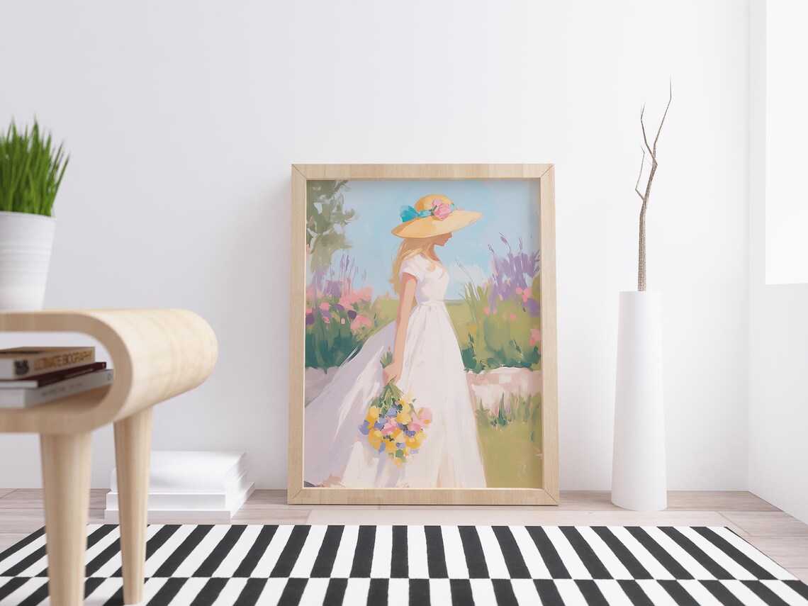 Girl In White Dress And Straw Hat Holding Wildflowers Meadow Print - Image 4