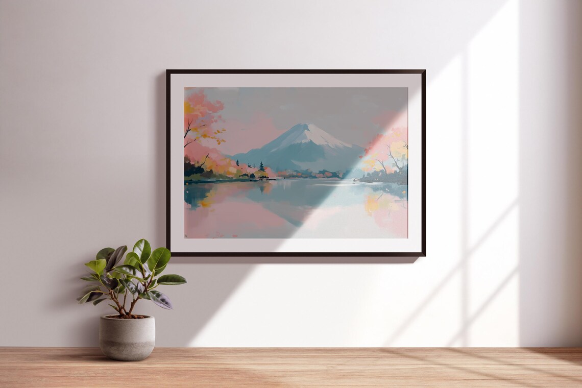 Mount Fuji Reflected In Calm Lake Autumn Trees Pastel Travel Poster - Image 3