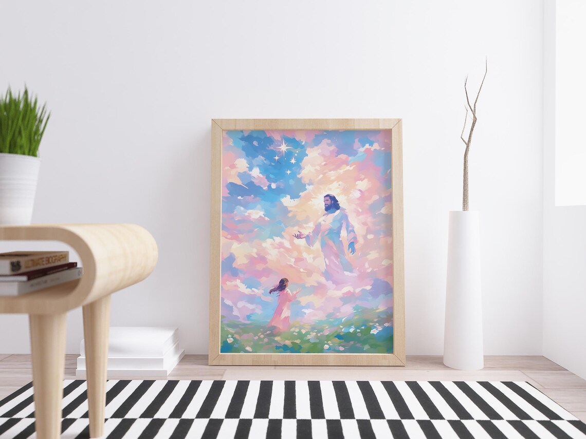 Jesus Christ Reaching Out Woman Flower Field Pastel Sky Christian Faith Poster - Image 2
