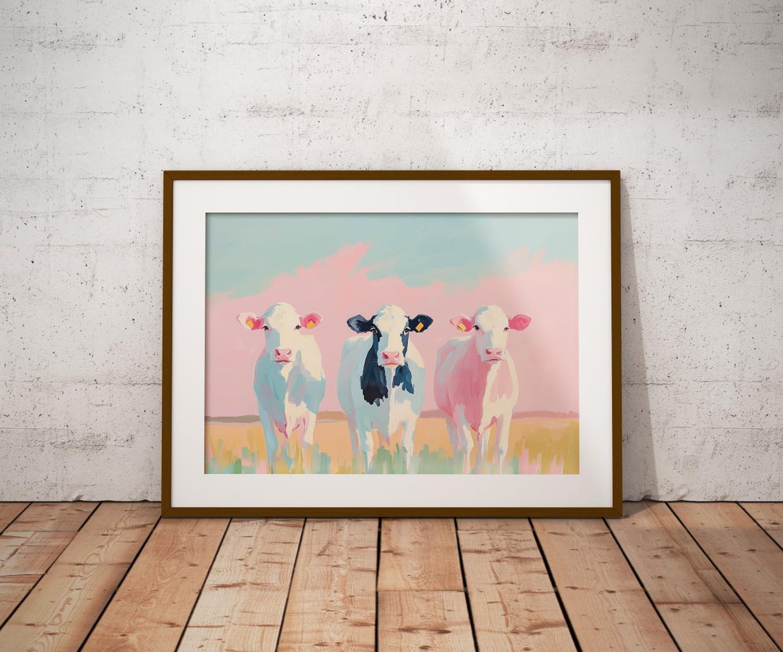 Pastel Cute Cows Painting Farmhouse Cow Art Rustic Cow Painting Cow Lovers Gift Country Home Decor Cow Print Art Farm Animal Painting - Image 2