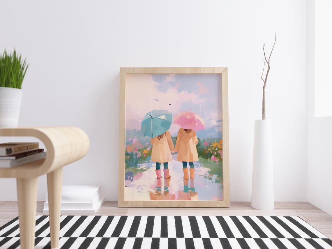 Two Girls Holding Hands Under Umbrellas In A Rainy Garden Poster - Image 4