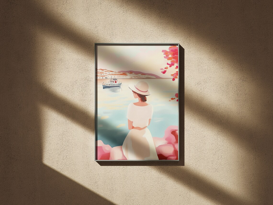 Mediterranean Harbor Woman Overlooking Boat Coastal Scene Art Poster - Image 2