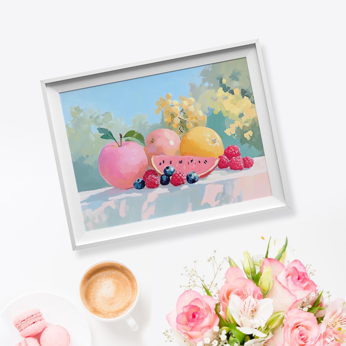 Pink Apples Lemon Watermelon Berries Floral Still Life Art Print - Image 5