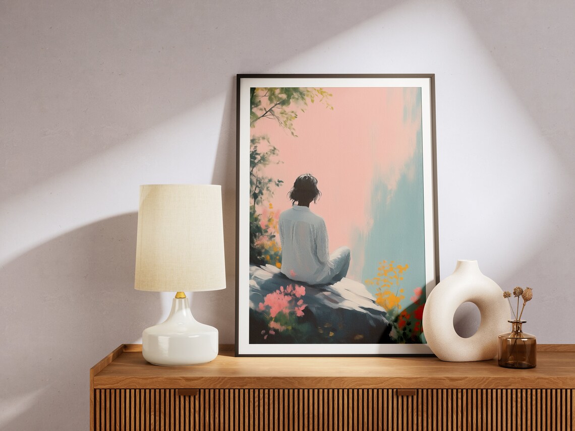 Woman Gazing at Pink Sky Waterfall Floral Pastel Dreamscape Print - Image 4