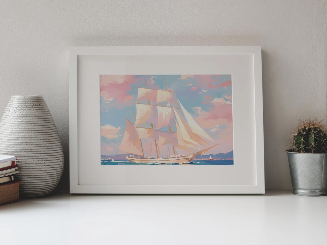 Tall Ship White Sails Pink Clouds Blue Ocean Vintage Sailing Poster - Image 4