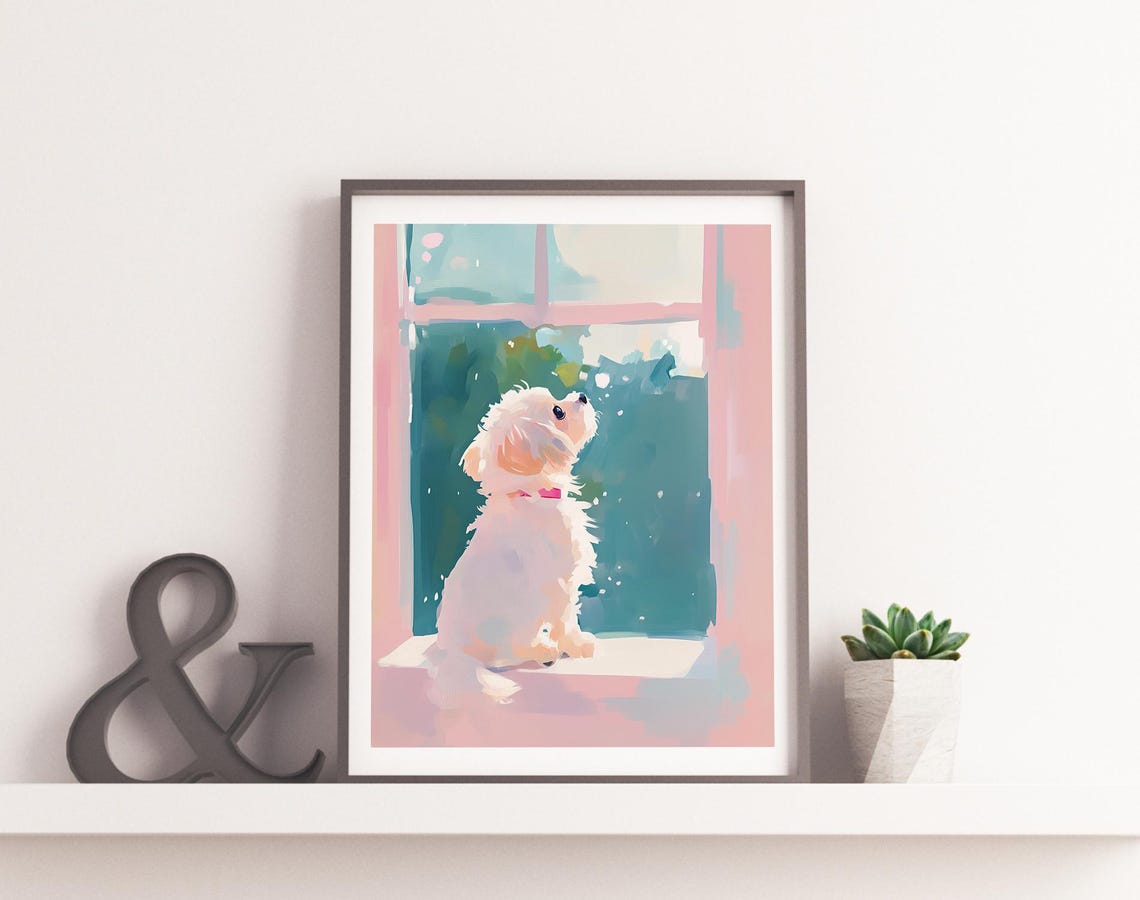 White Fluffy Puppy Looking Out A Pink Window Sunny Day Art Poster - Image 4