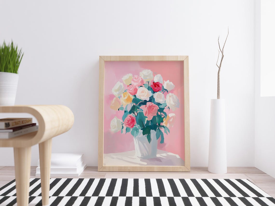 Pastel Rose Painting White Vase Art Pink Red Roses Art Floral Vase Painting Pastel Flower Art Rose Bouquet Art Pastel Floral Decor - Image 4