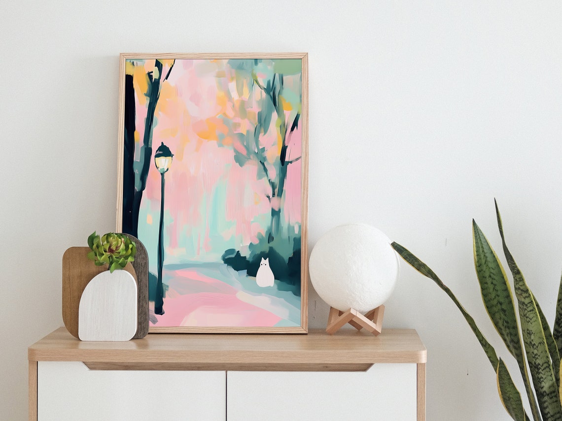 White Cat on Park Path Lamppost Pastel Blossom Night Wall Art Print - Image 2