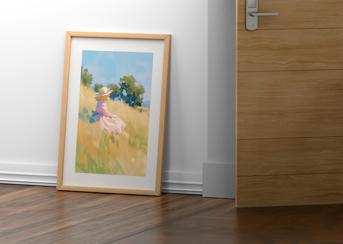 Girl Straw Hat Pink Ribbon Golden Wheat Meadow Blue Sky Watercolor Wall Art - Image 2