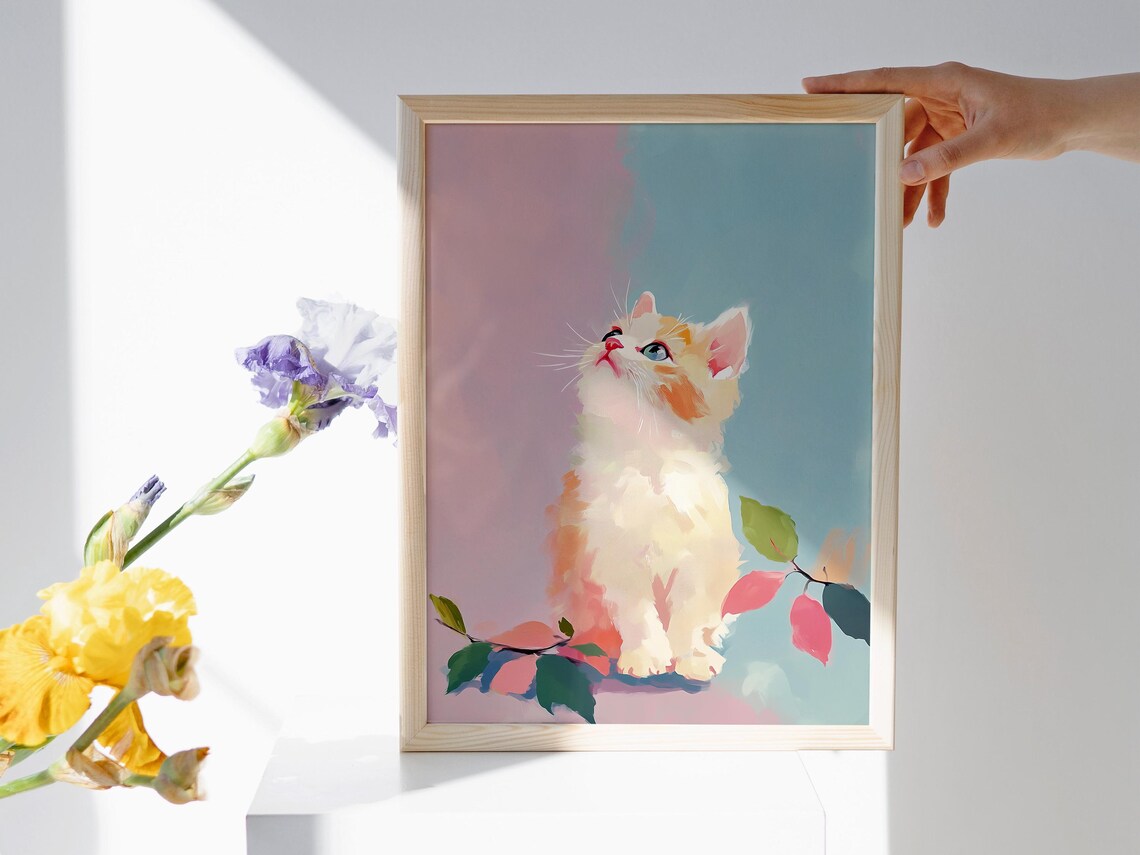 Cute Kitten Looking Up Pastel Pink Blue Sweet Cat Portrait Wall Art Print - Image 2