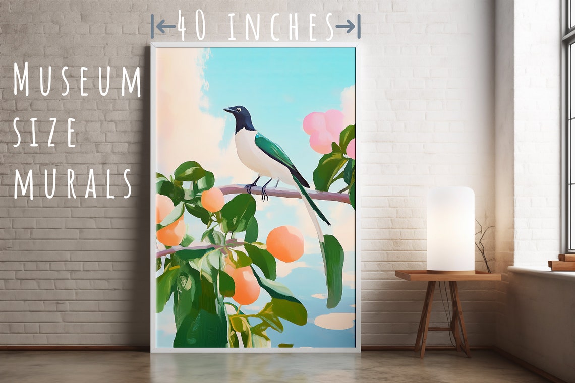 Colorful Bird on Apricot Branch Teal Winged Songbird Art Poster - Image 5