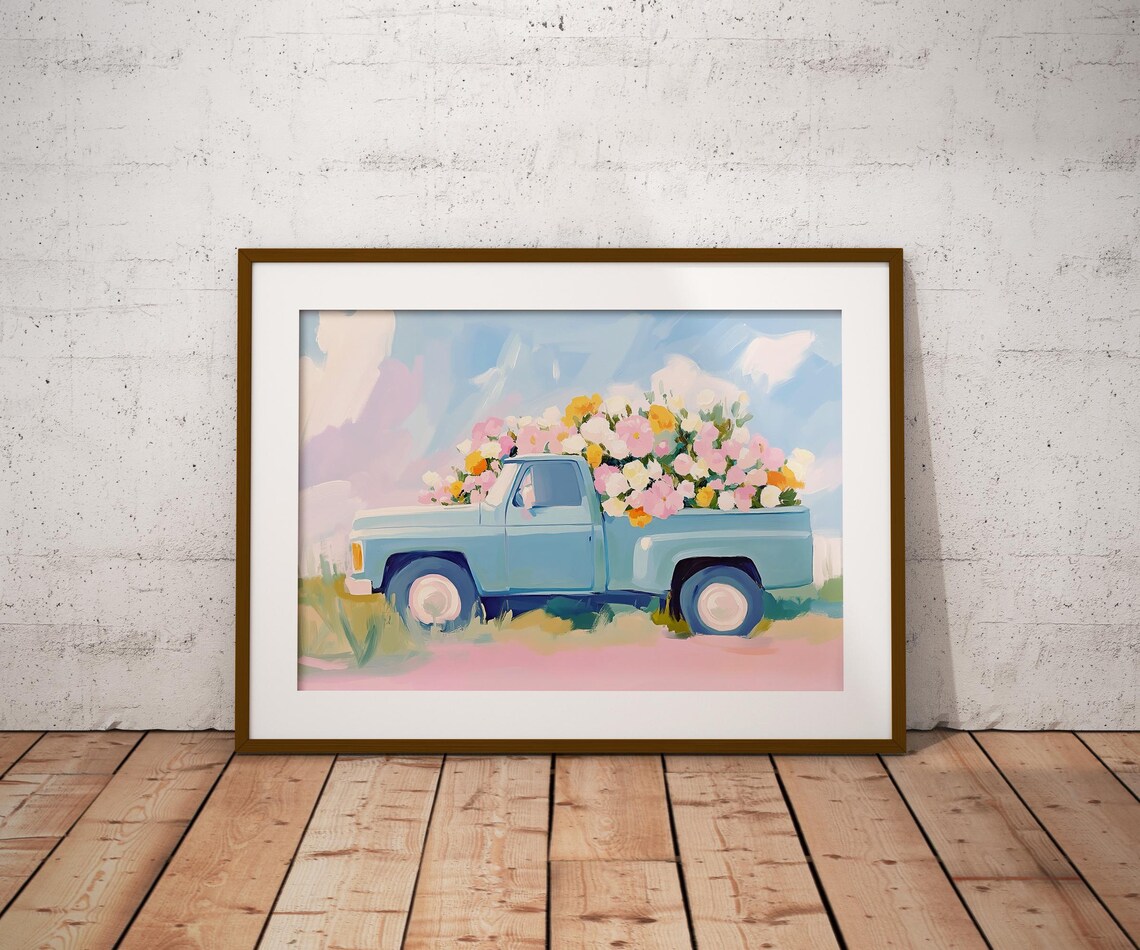 Vintage Blue Pickup Truck Full Of Flowers Pastel Spring Painting Poster - Image 2