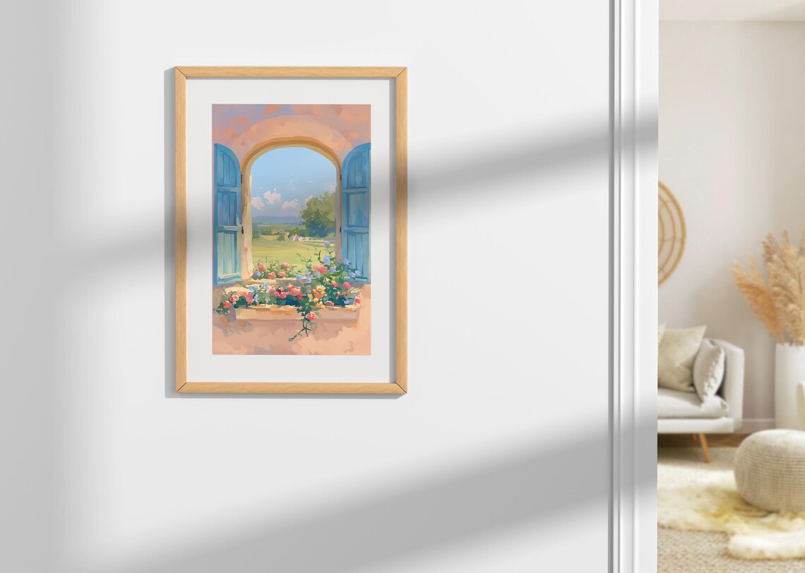 Open Arched Window Blue Shutters Flower Boxes Sunny Countryside View Wall Art - Image 4