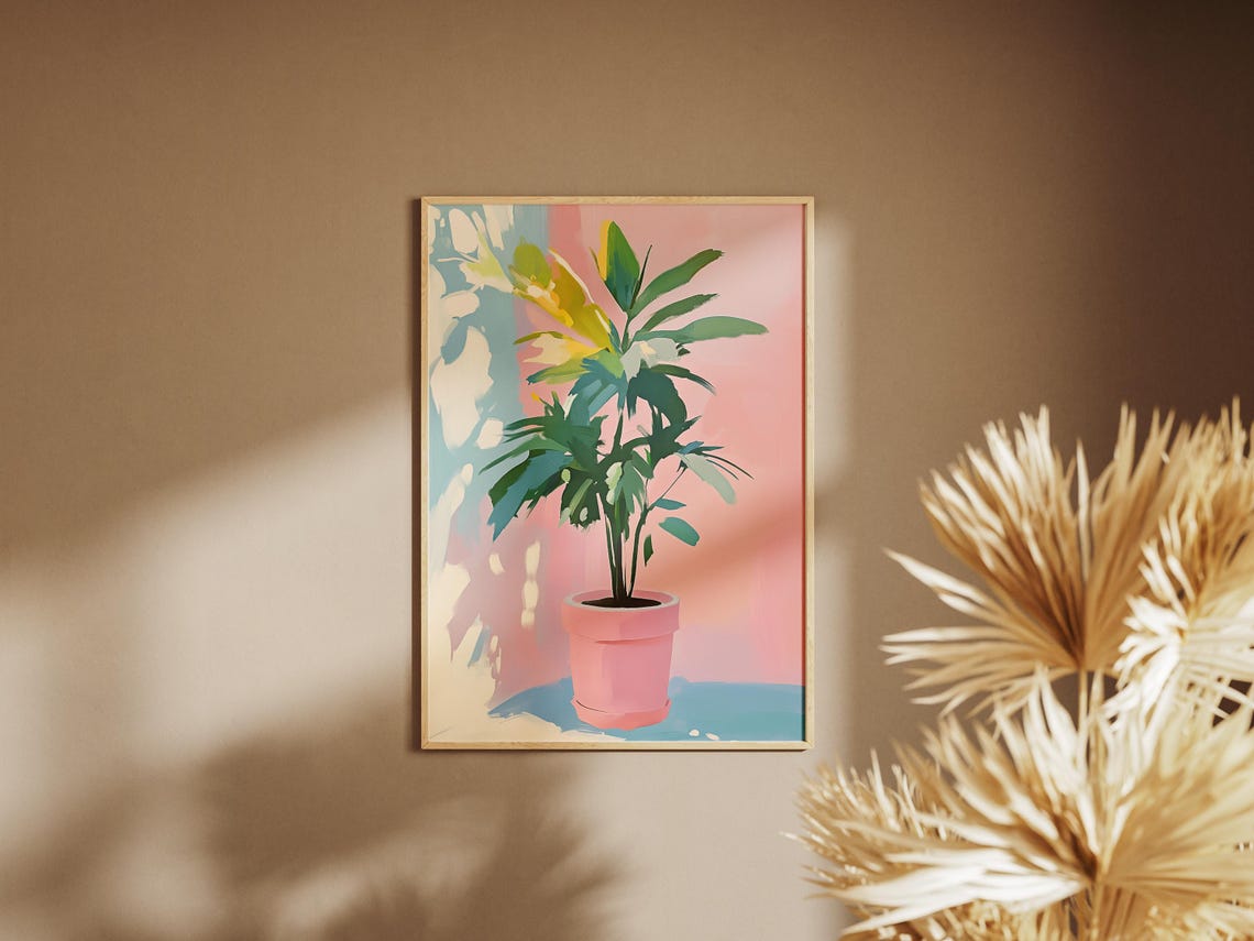 Potted Palm Plant Pink Terracotta Pot Pastel Botanical Art Poster - Image 4