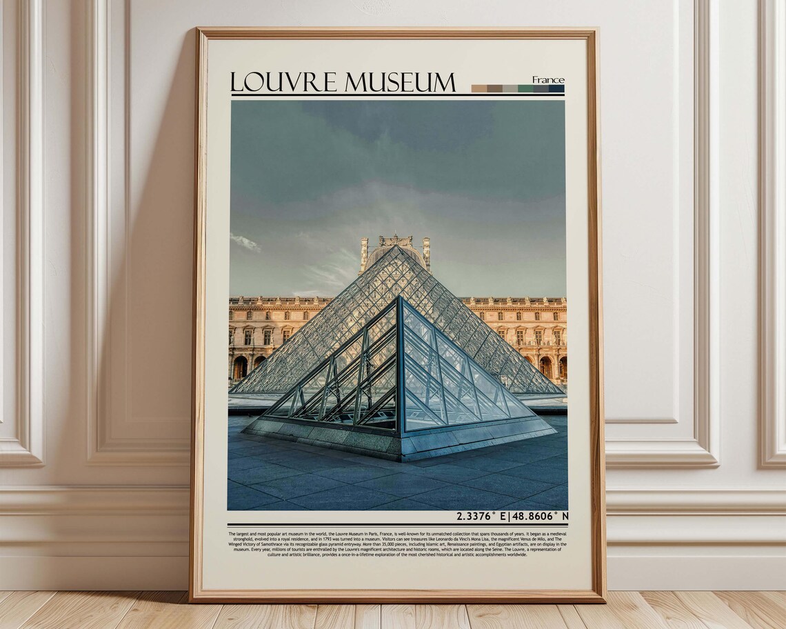 Louvre Museum Paris Glass Pyramid France Landmark Travel Poster