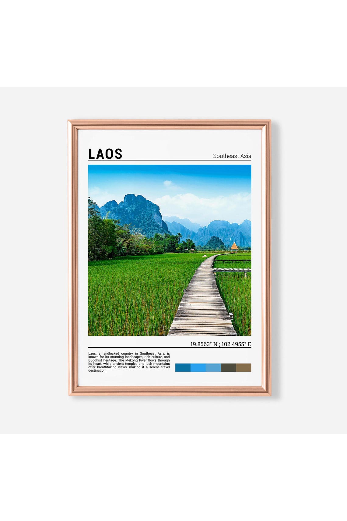 Laos Southeast Asia Rice Paddy Boardwalk Mountains Travel Poster