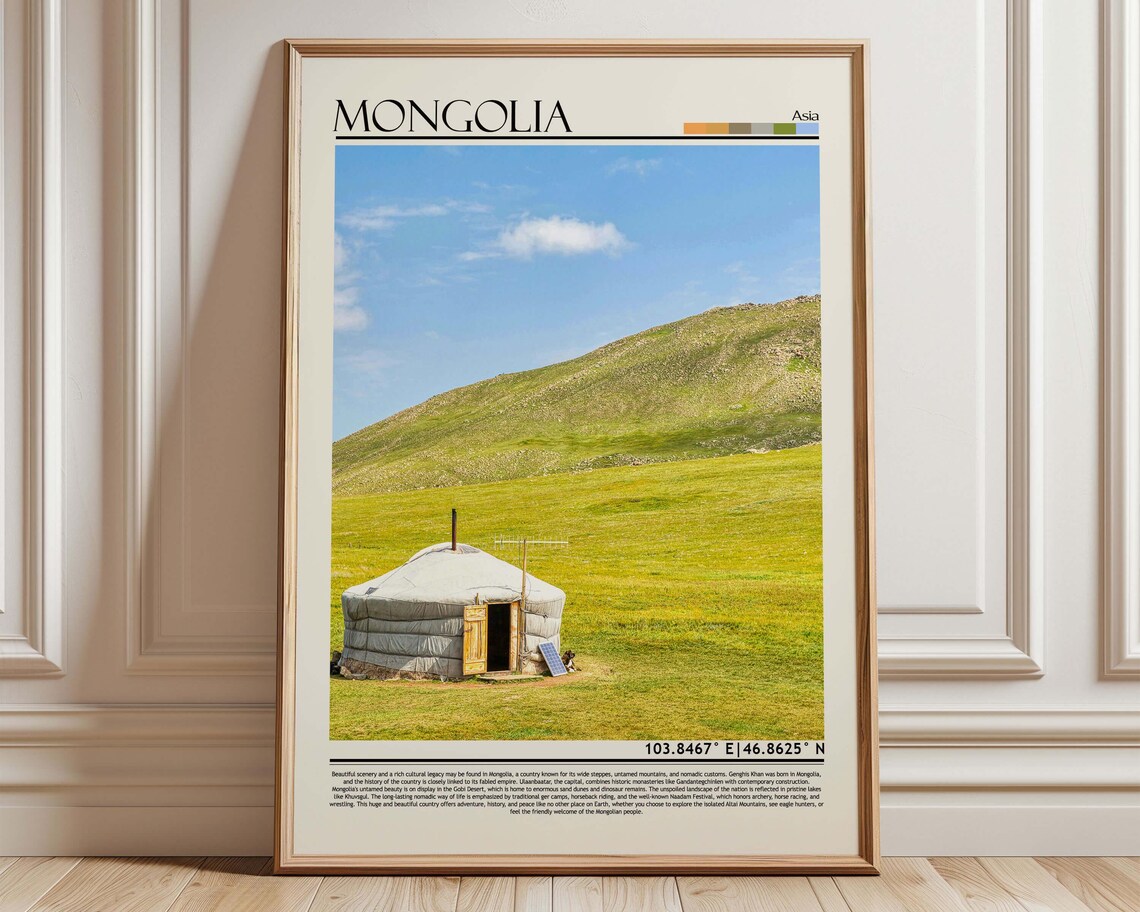 Mongolia Green Steppe Traditional Ger Yurt Landscape Travel Poster