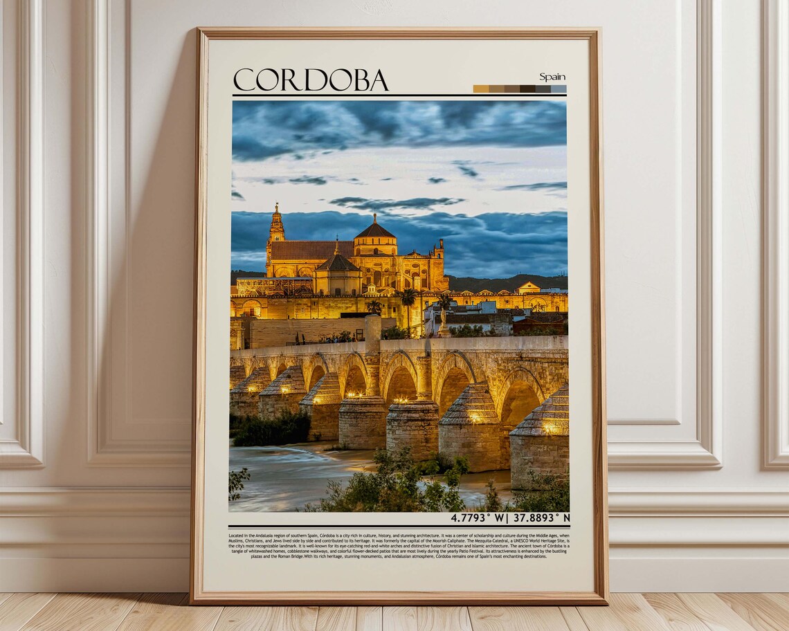 Cordoba Spain Night Travel Poster Illuminated Bridge Photo Art