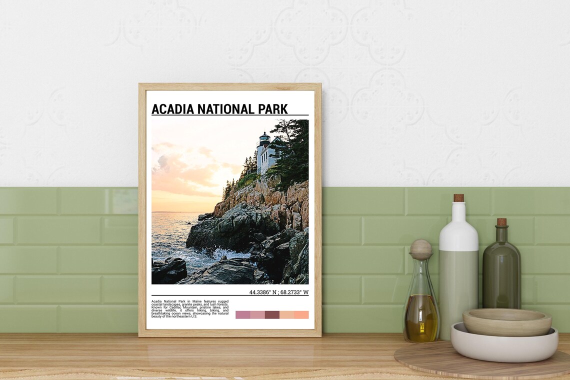 Acadia National Park Maine Lighthouse Rocky Coast Sunset Travel Poster - Image 3