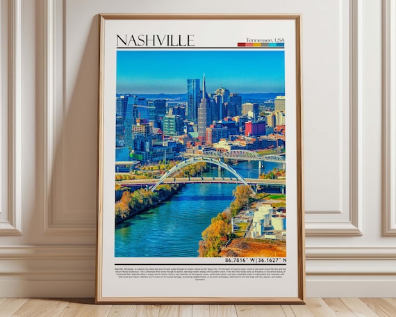 Nashville Tennessee Skyline Music City River Bridge Travel Poster