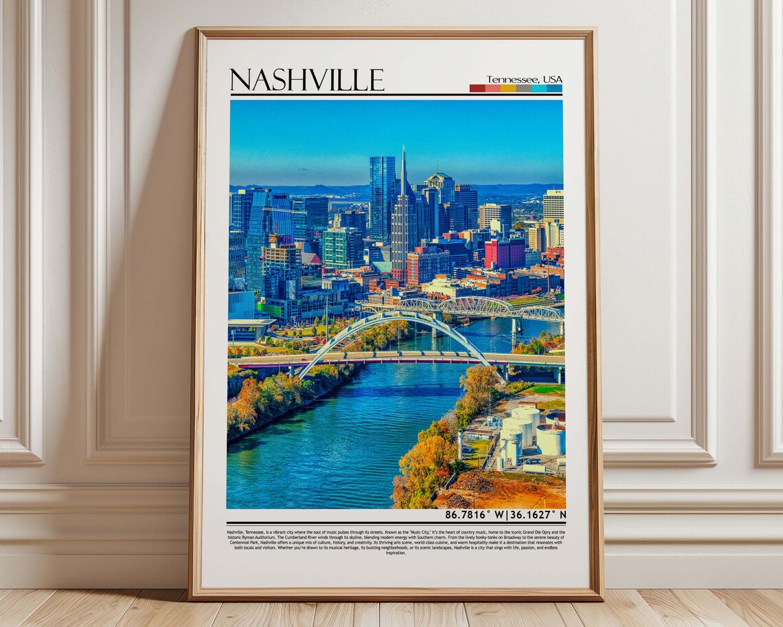 Nashville Tennessee Skyline Music City River Bridge Travel Poster