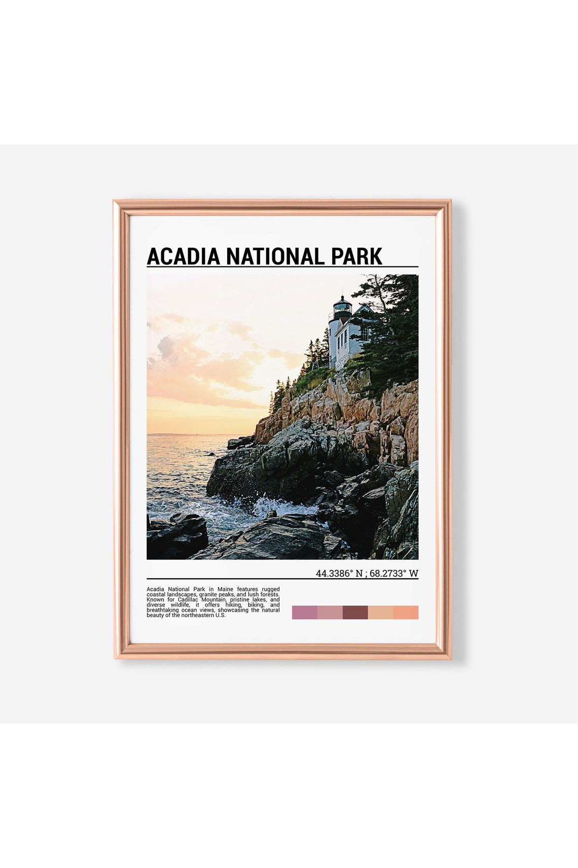 Acadia National Park Maine Lighthouse Rocky Coast Sunset Travel Poster