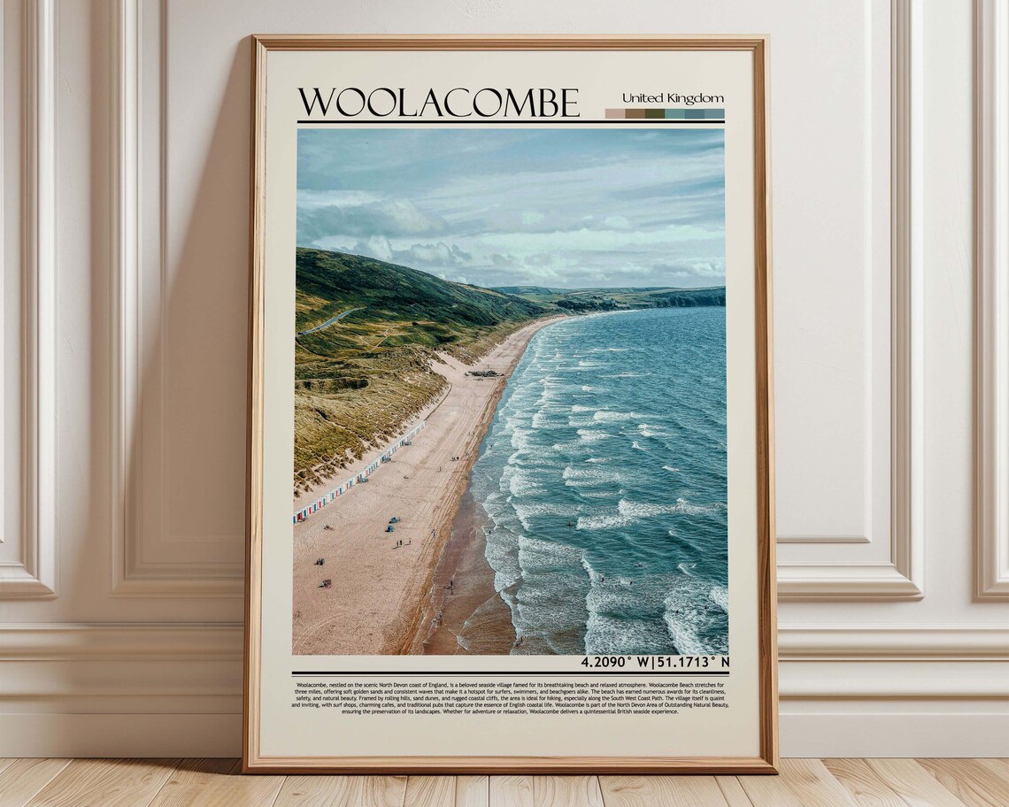 Woolacombe United Kingdom Aerial Beach Coastline Travel Poster