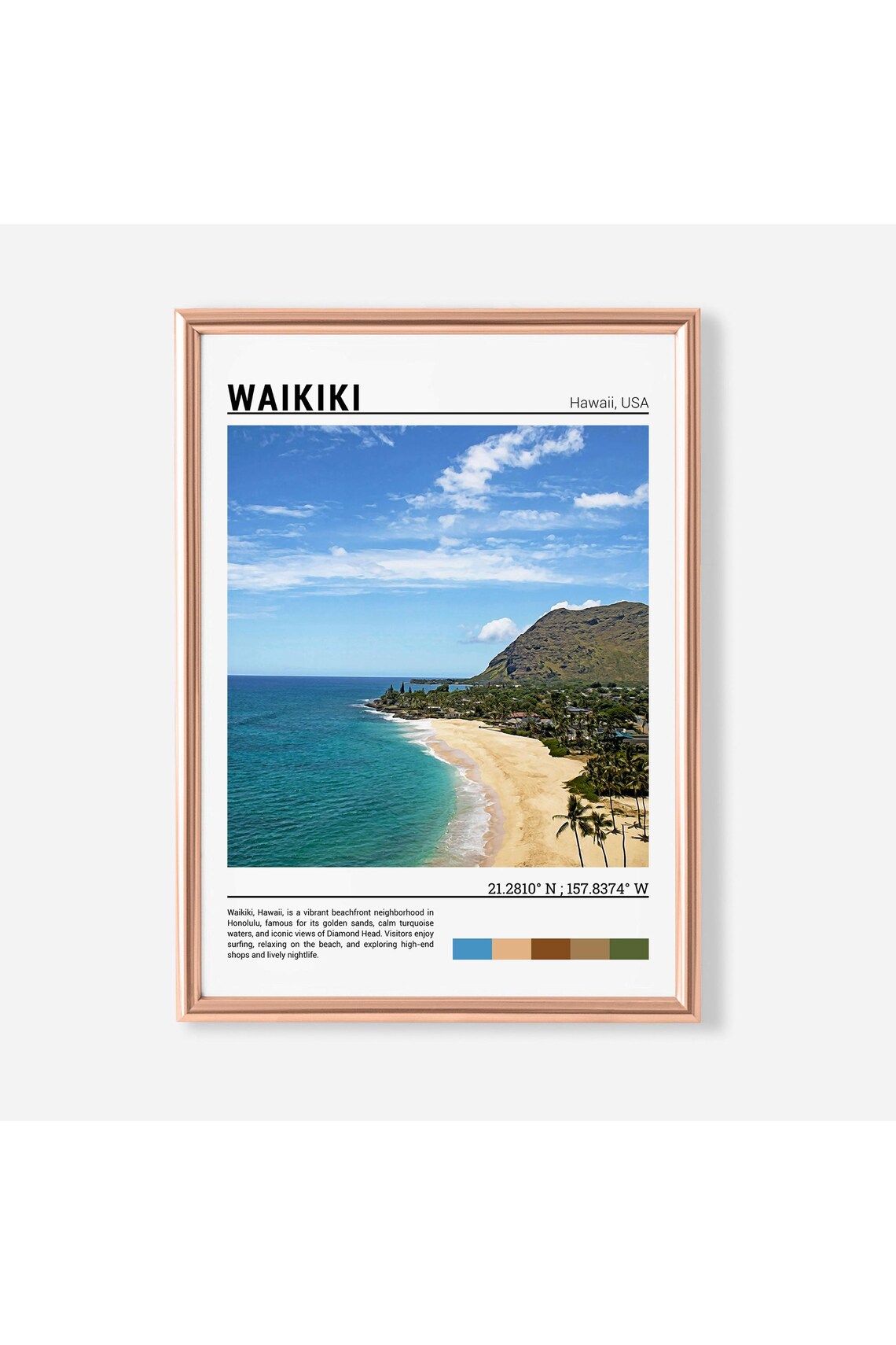 Waikiki Hawaii Beach Aerial Turquoise Waves Minimalist Travel Poster