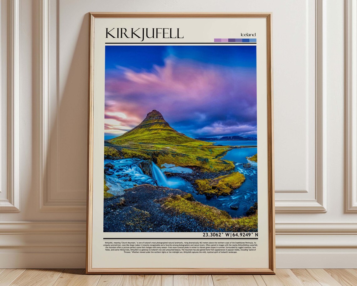 Kirkjufell Iceland Mountain Waterfall Purple Sunset Travel Poster
