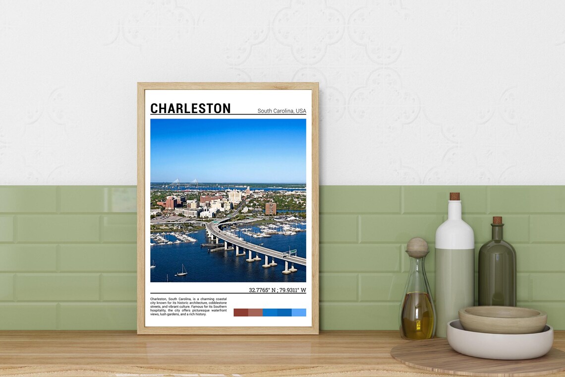 Charleston South Carolina Harbor Bridge Marina Skyline Travel Poster - Image 3