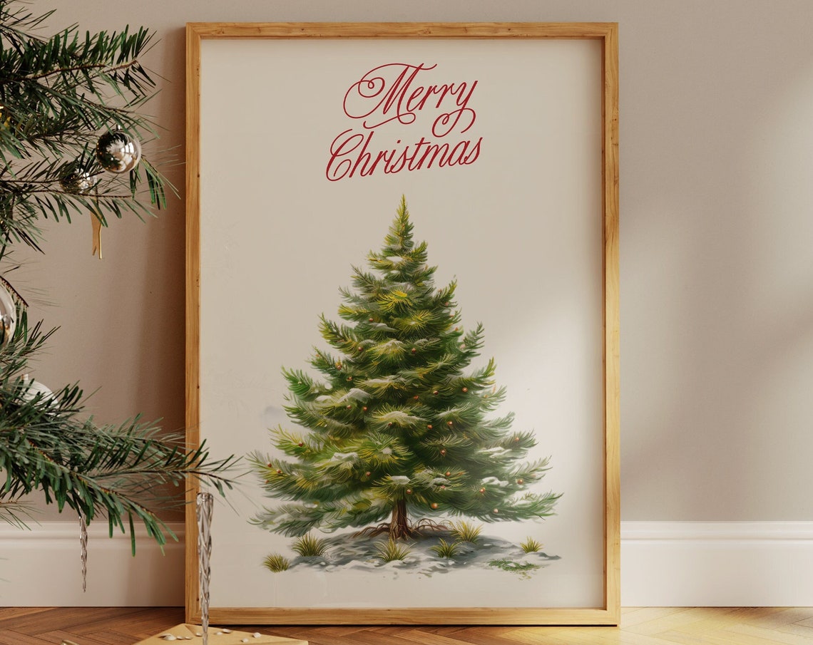 Merry Christmas Script Snowy Evergreen Tree Watercolor Holiday Poster