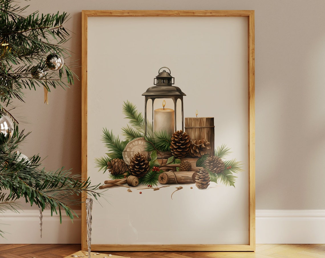 Rustic Christmas Lantern Pinecones Watercolor Holiday Scene Poster