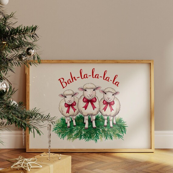 Bah La La La La Cute Sheep Red Bows Christmas Farm Art Poster
