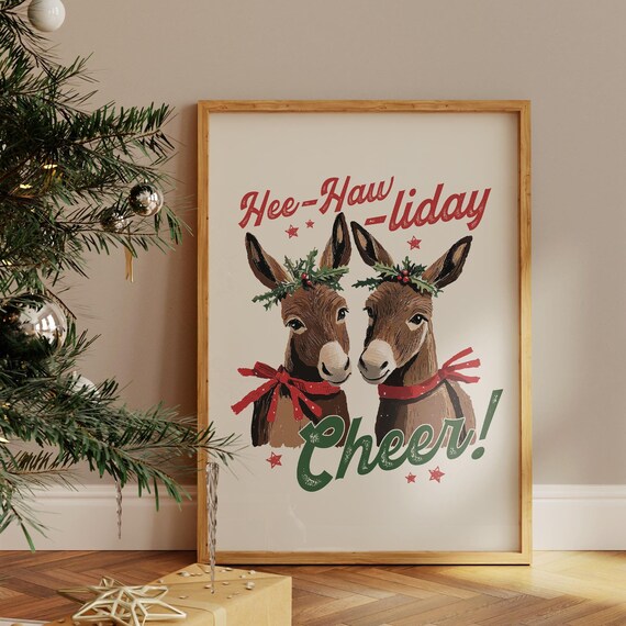 Hee-Haw-liday Cheer Funny Christmas Donkey Watercolor Poster