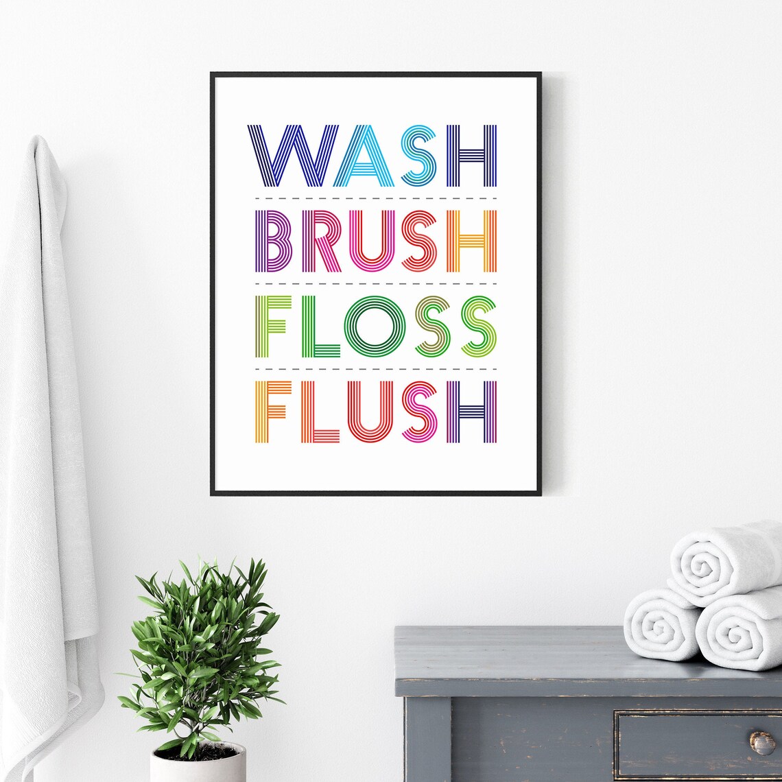 Wash Brush Floss Flush Rainbow Colorful Kids Bathroom Sign Poster - Image 3
