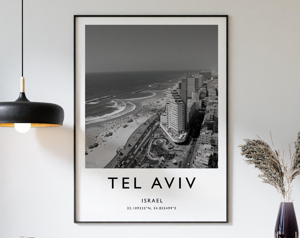 Tel Aviv Israel Aerial Coastline Black and White Photo Poster