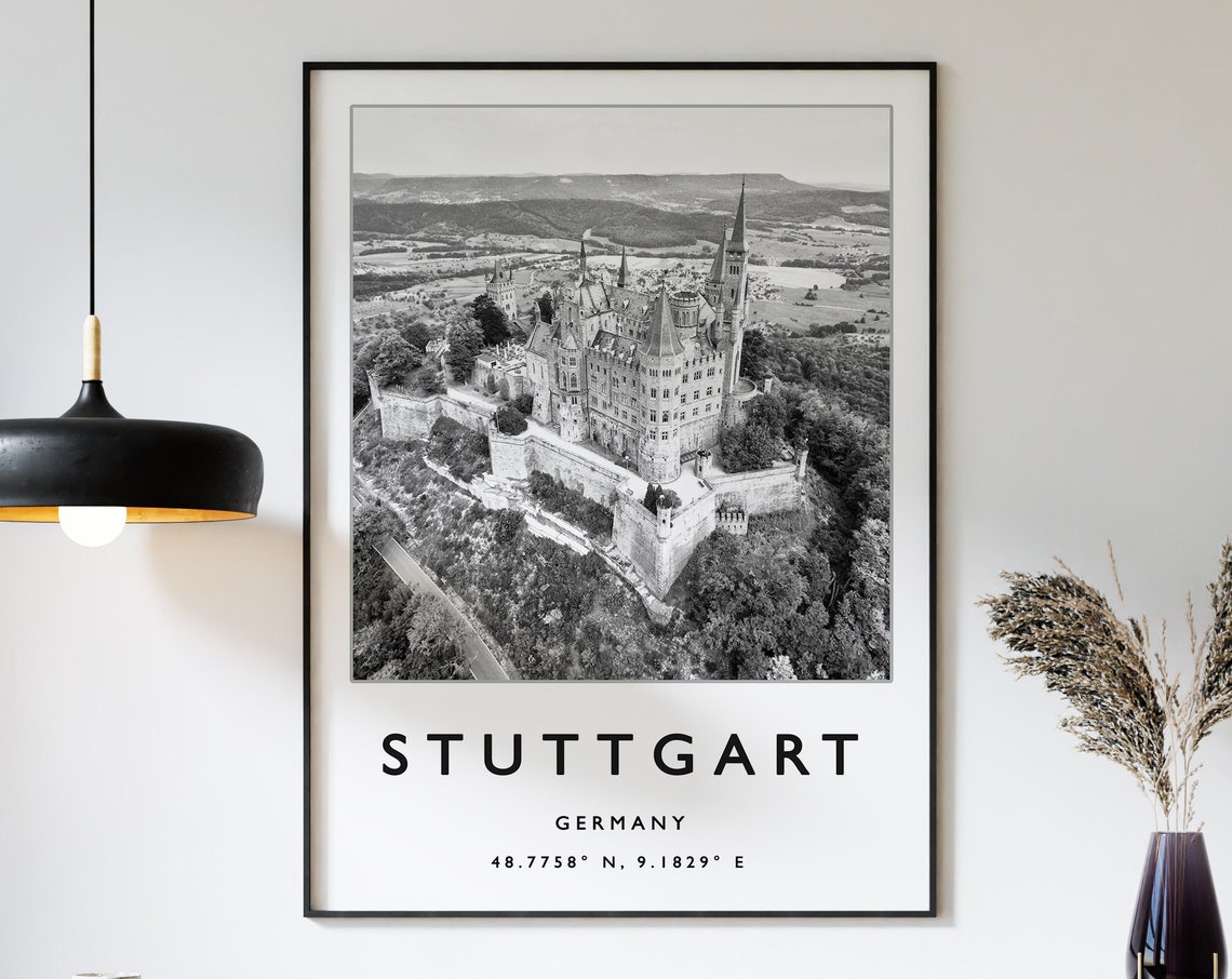 Stuttgart Germany Hilltop Castle Black and White Photo Poster