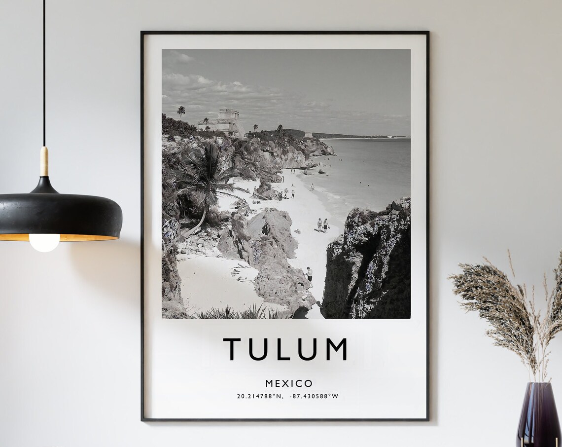 Tulum Mexico Black and White Beach Mayan Ruins Photo Travel Poster