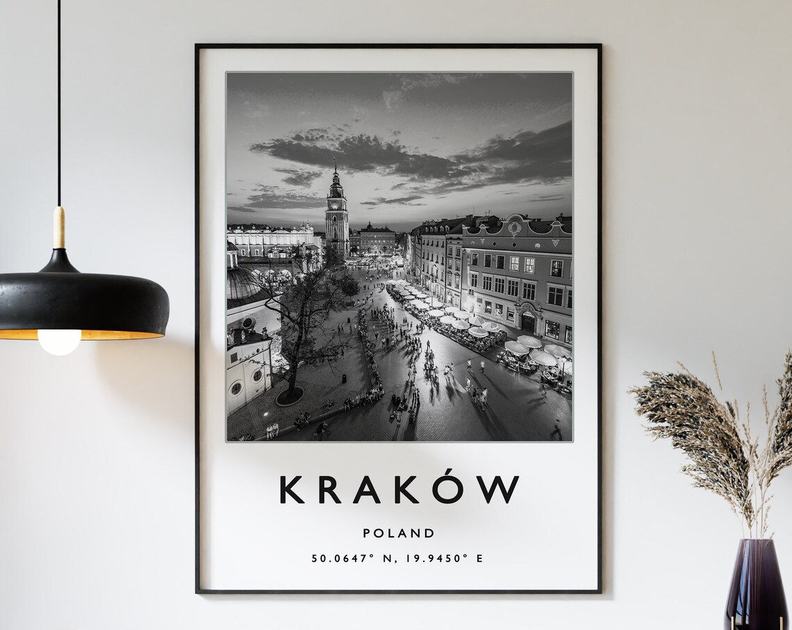 Krakow Poland Main Square Black And White City Travel Poster