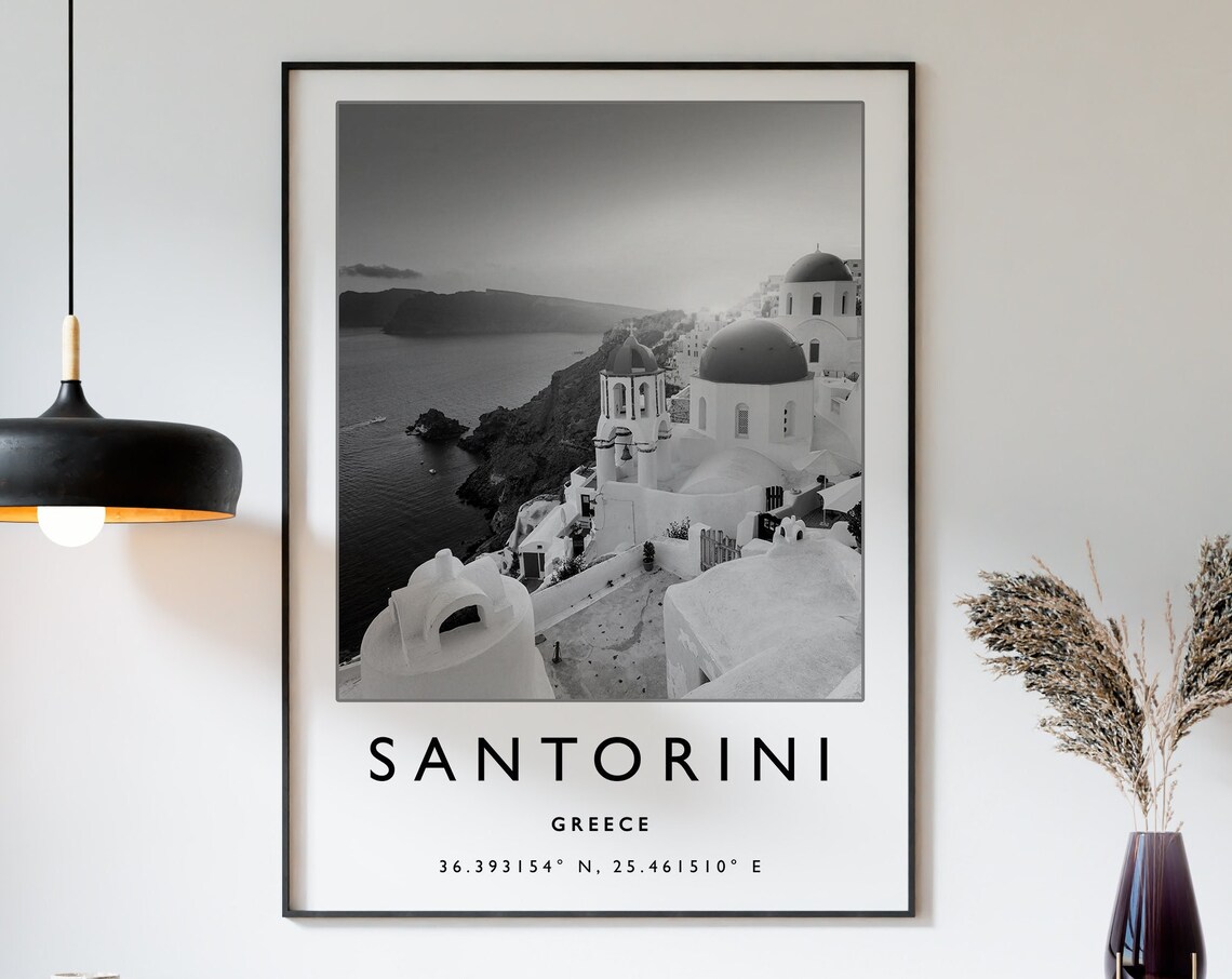 Santorini Greece Travel Poster, Black And White