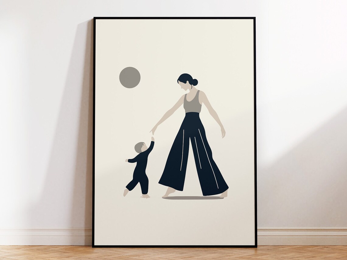 Mom Dancing With Toddler Minimalist Motherhood Nursery Wall Art