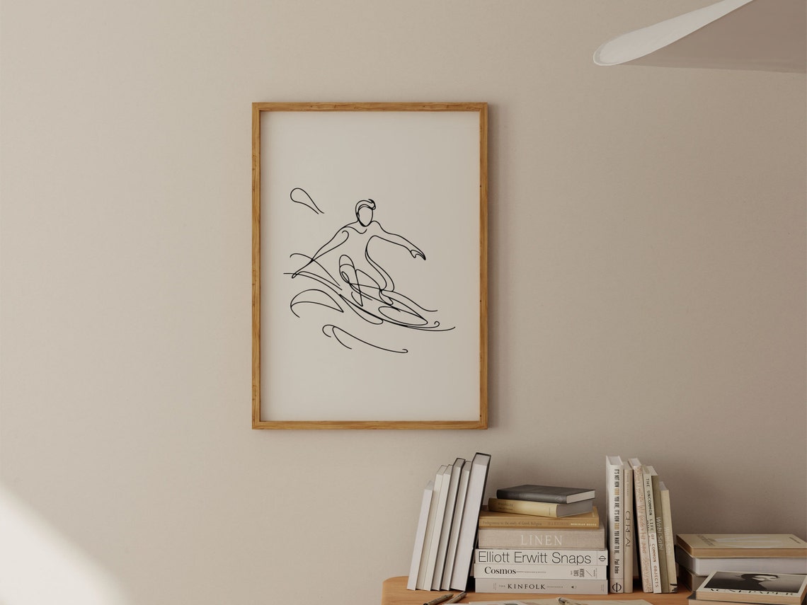 Surfer Catching a Wave Line Art Poster Minimalist Ocean Drawing