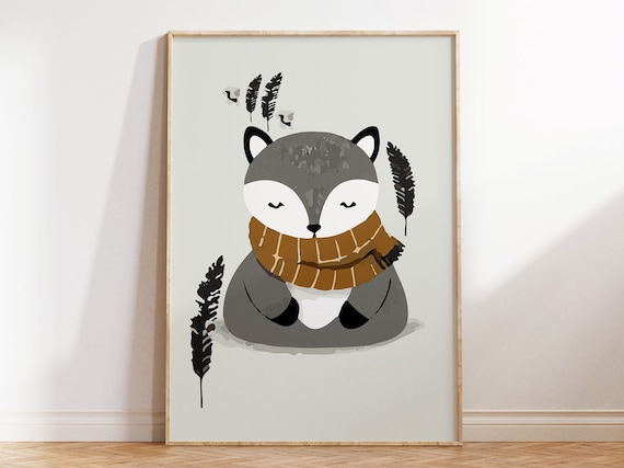 Sleepy Gray Fox With Mustard Scarf Cute Nursery Animal Poster