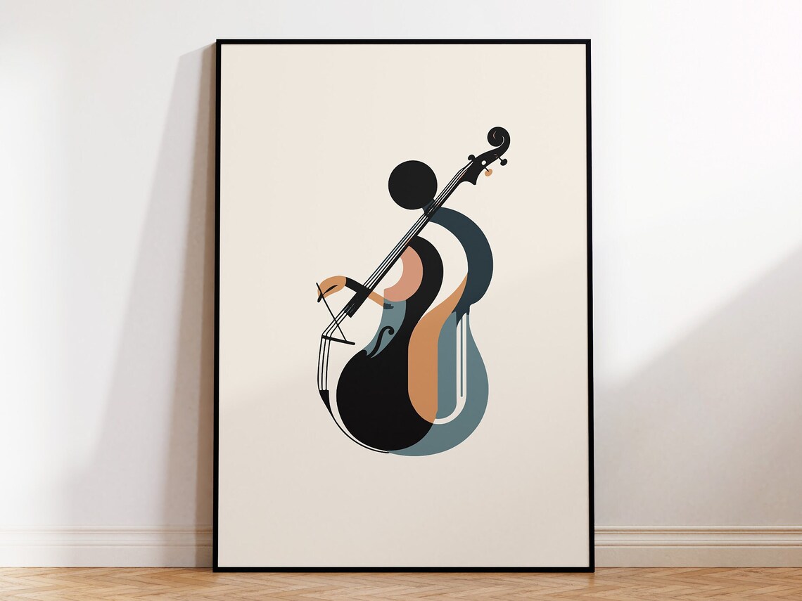 Abstract Cellist Geometric Musician Black Ochre Minimalist Art Poster