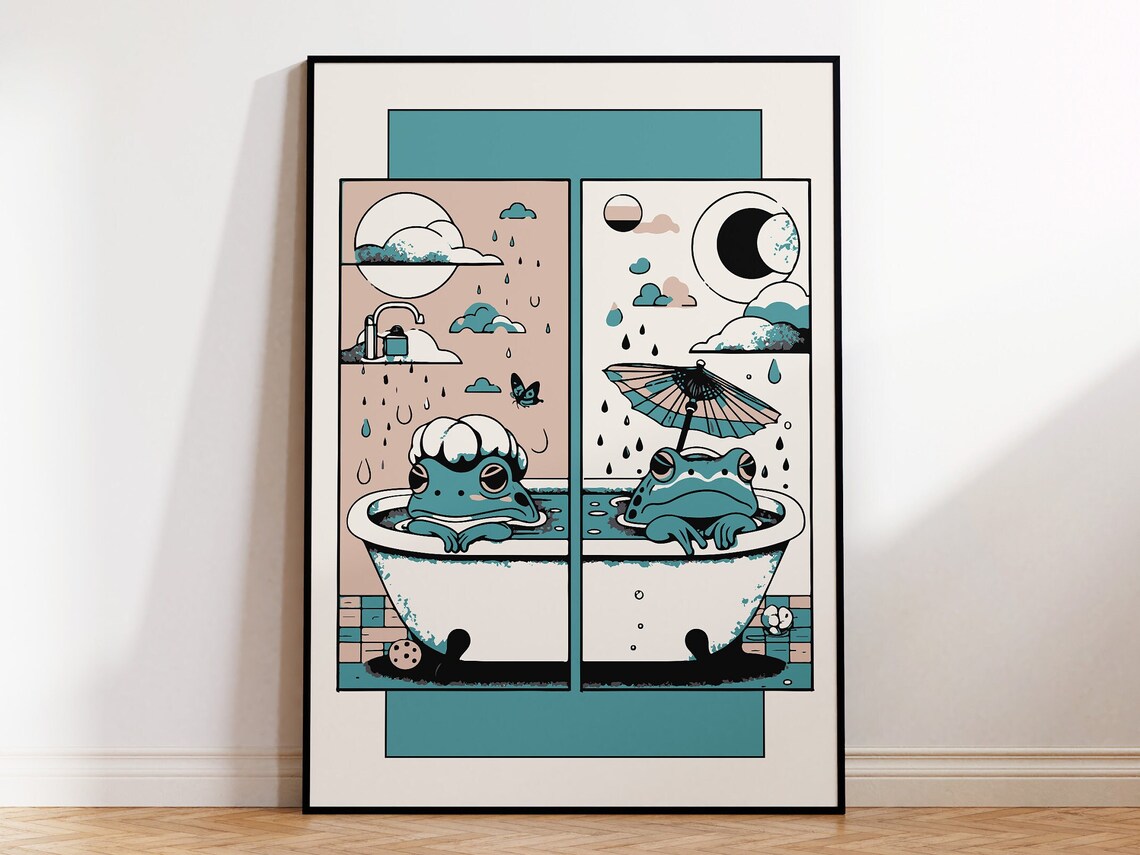 Unimpressed Frog Graphic Art Print, Japanese Quirky Bath