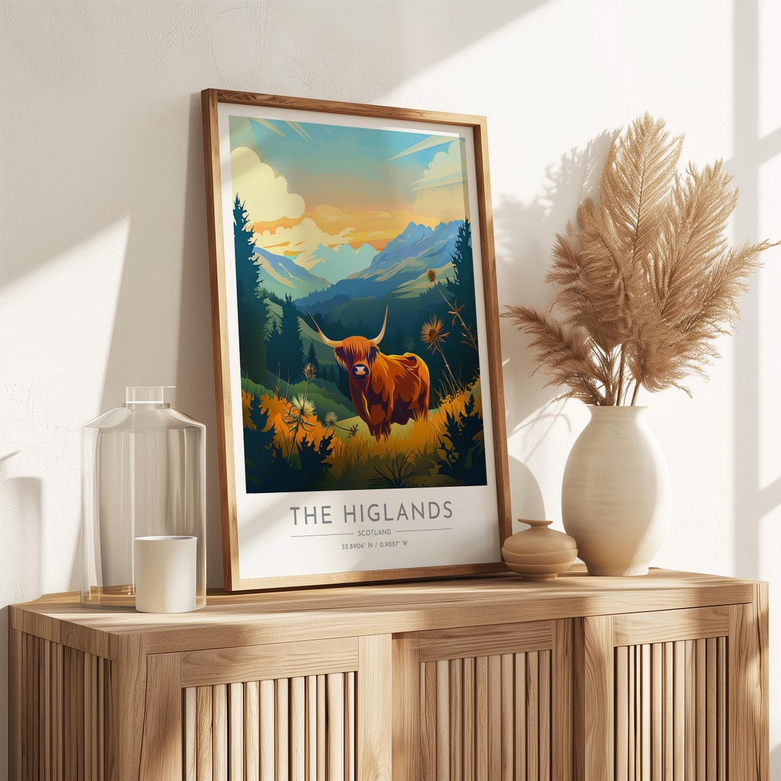 The Highlands Highland Cow Sunset Mountain Thistles Wall Art - Image 3