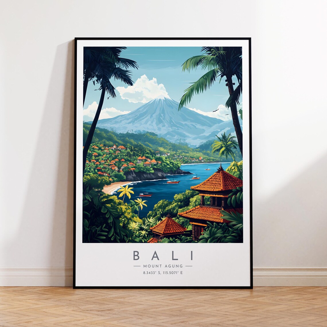 Bali Mount Agung Volcano Temple Bay Tropical Indonesia Travel Poster