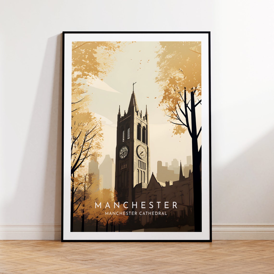 Manchester Cathedral Golden Autumn Trees England Minimal Travel Poster