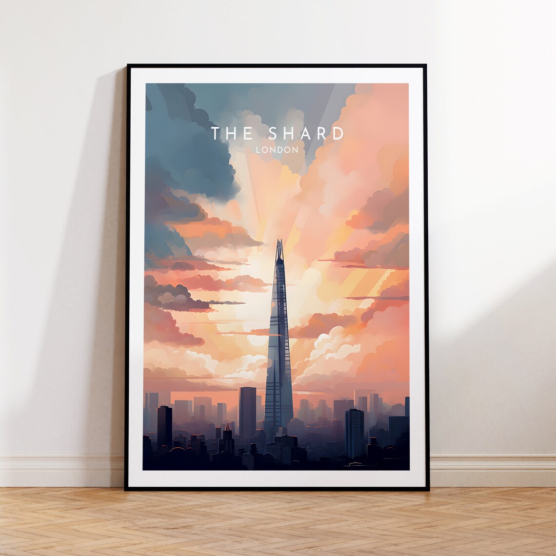 The Shard London Sunset Sky Peach Clouds Tower Silhouette Poster