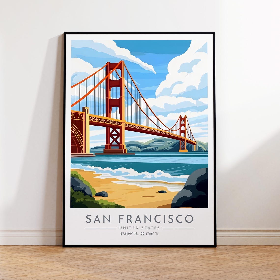 San Francisco Golden Gate Bridge Sunny Beach View Travel Poster
